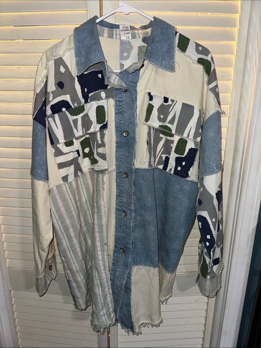 Patchwork Button-Down Shirt Jacket in Blue, Cream & Green